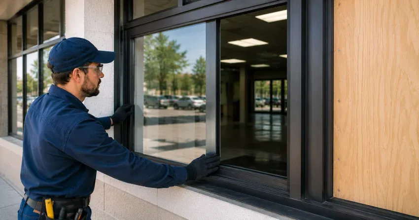 technician boarding a broken window after a break-in in Foldens, Tillsonburg
