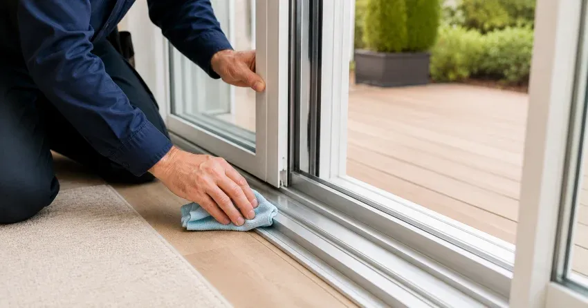 technician inspecting a sliding patio door track in Tillsonburg
