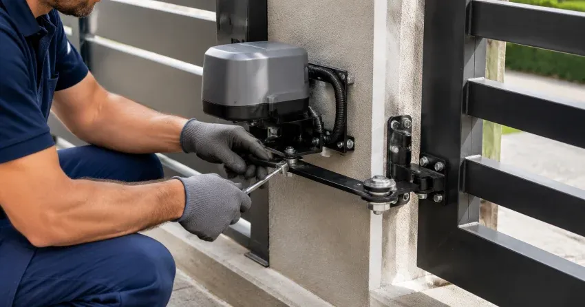 technician diagnosing automatic gate motor and control panel in Verschoyle, Tillsonburg