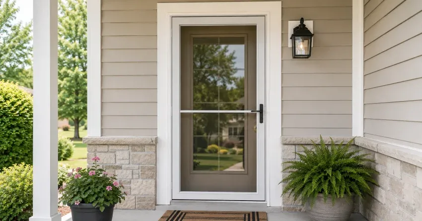 technician hanging storm door square and plumb in Springfield, Tillsonburg