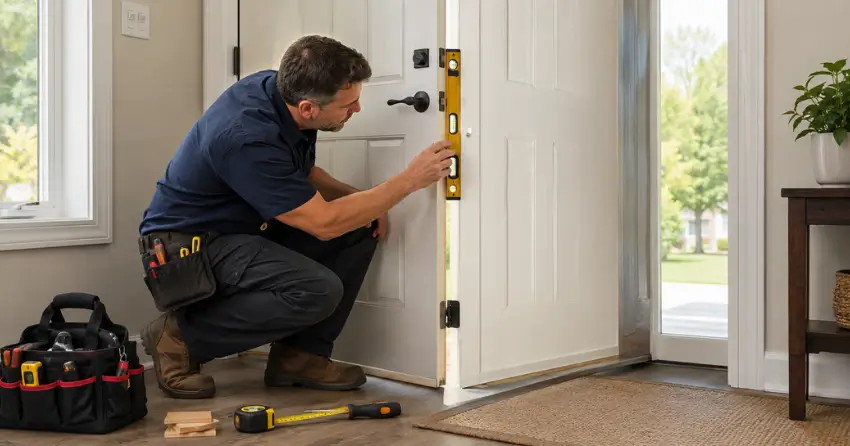 technician diagnosing a misaligned door frame in Tillsonburg