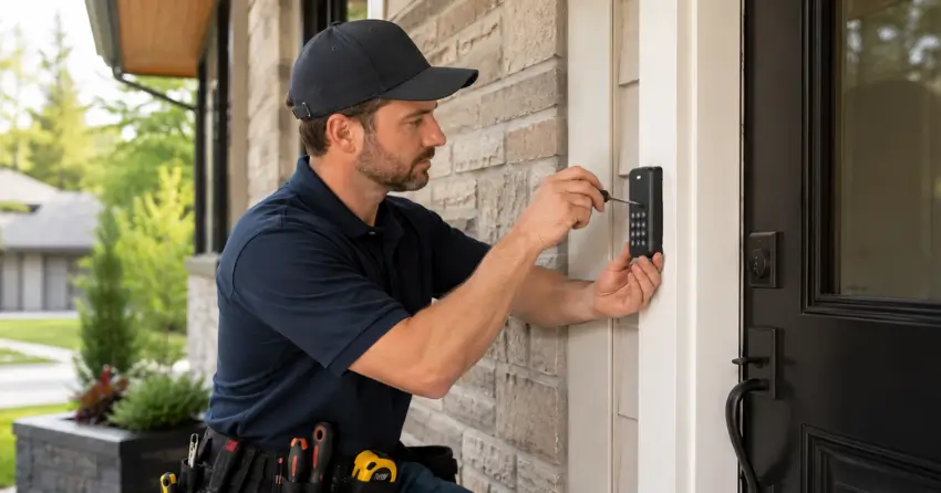 Technician installing an access control system keypad beside a residential front door in Tillsonburg