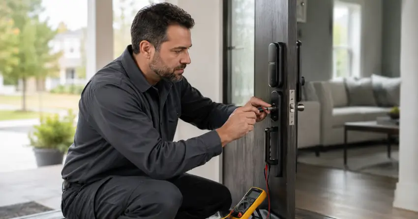 technician diagnosing automatic door lock mechanism on residential door in Mount Elgin, Tillsonburg