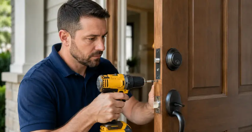 technician installing a new deadbolt during Change Door Lock Verschoyle, Tillsonburg service