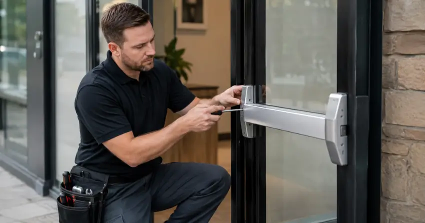 commercial locksmith repairing exit device on storefront door Tillsonburg