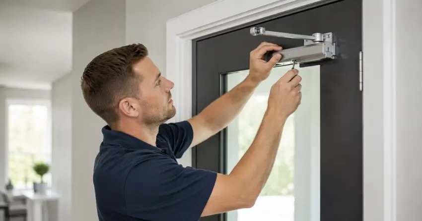 technician adjusting door closer hydraulic valve in Foldens, Tillsonburg home