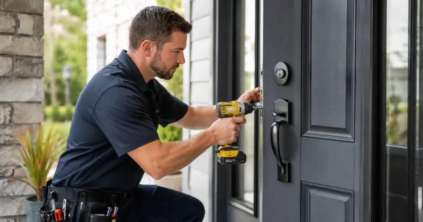 locksmith installing deadbolt lock on exterior door in Tillsonburg