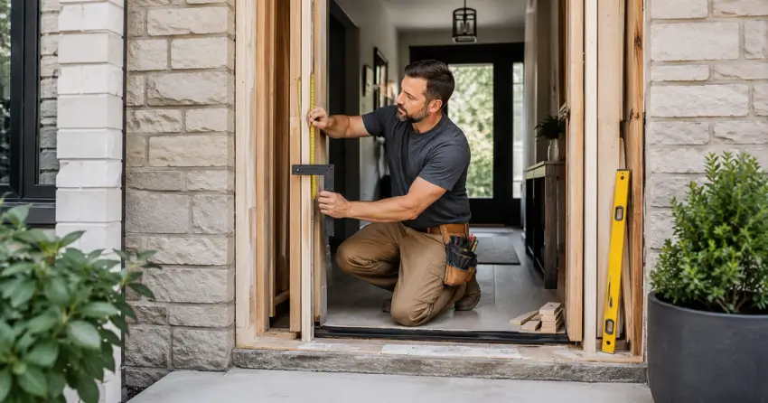 exterior door installer assessing rough opening in Tillsonburg