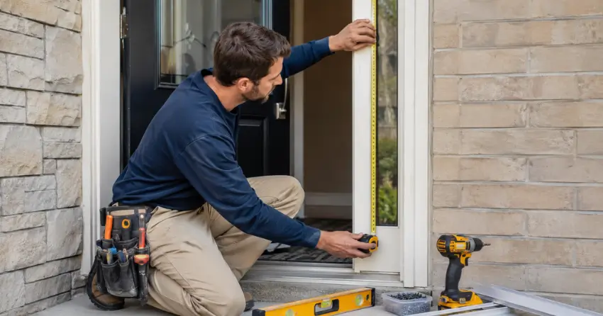 technician measuring door frame before storm door install in Verschoyle, Tillsonburg