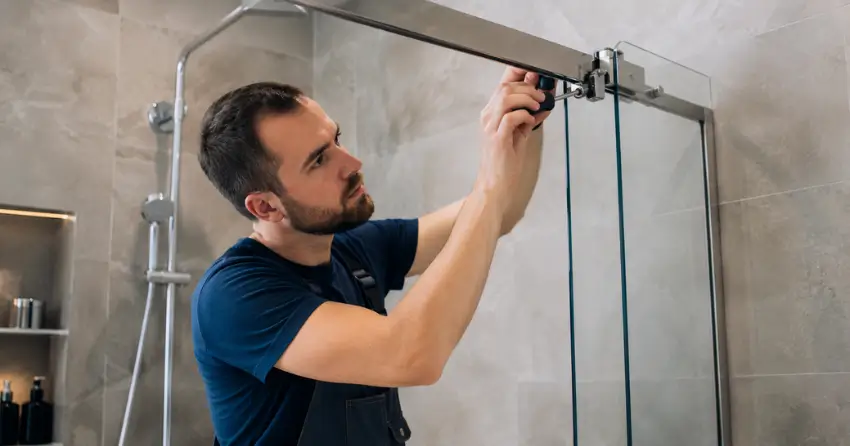 technician adjusting shower door hinge and track in Foldens, Tillsonburg