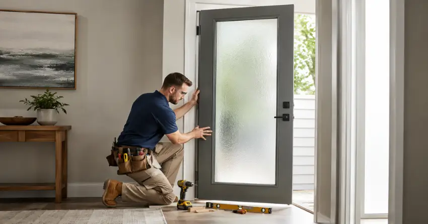 glass panel door installation with frosted privacy glass in residential setting in Tillsonburg