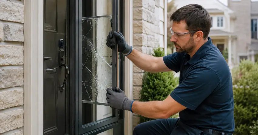 technician removing cracked storm door glass panel in Corinth, Tillsonburg