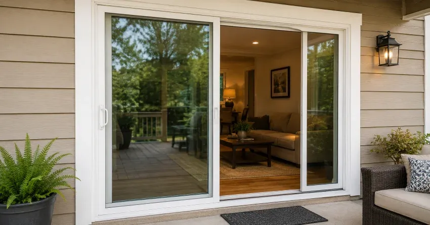 Patio Door Installation technician setting a new frame in Corinth, Tillsonburg