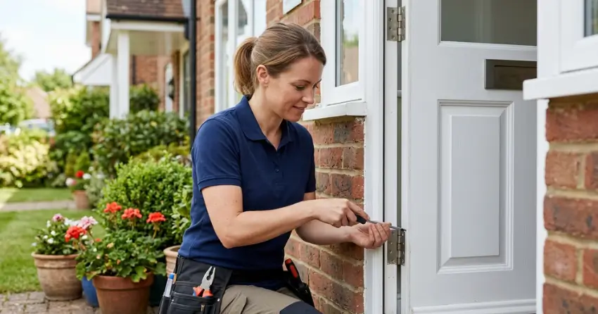 technician repairing exterior door hinge and frame in Eden, Tillsonburg