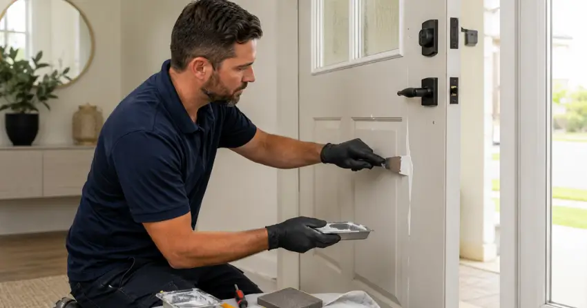 technician repairing fiberglass door surface crack in Foldens, Tillsonburg