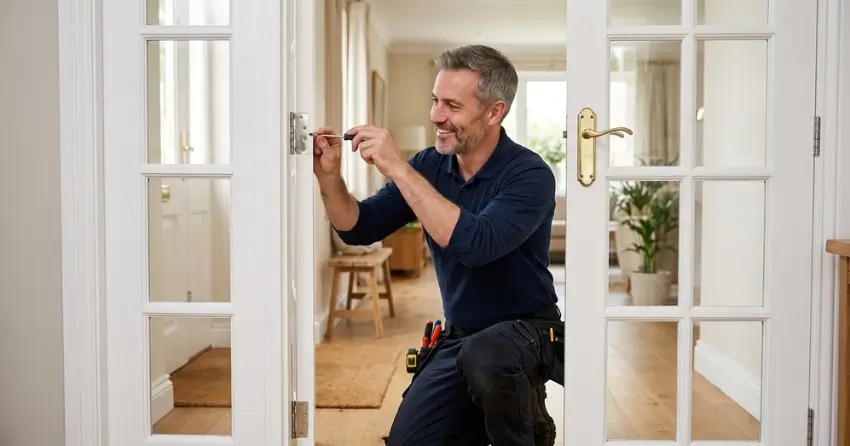 technician adjusting French door hinge for proper alignment in Springfield, Tillsonburg