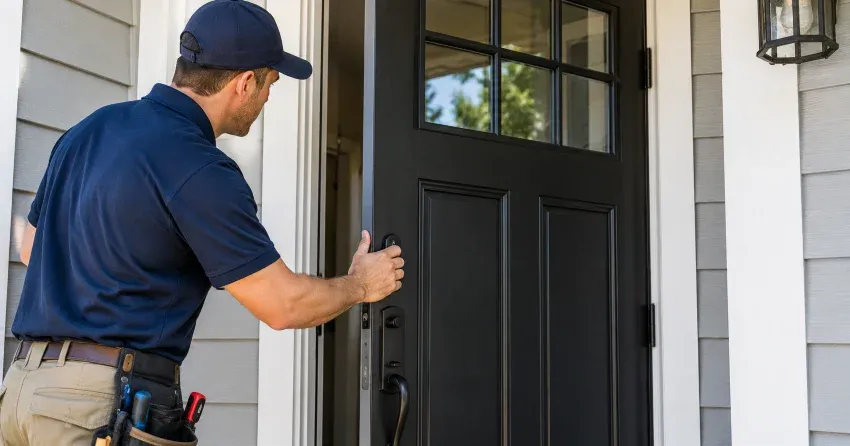 technician adjusting door hinge and strike plate in Springfield, Tillsonburg home