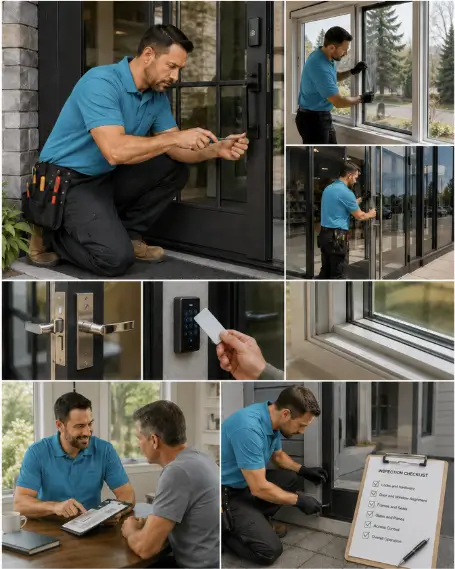 A technician demonstrating the finished operation of a repaired entry door